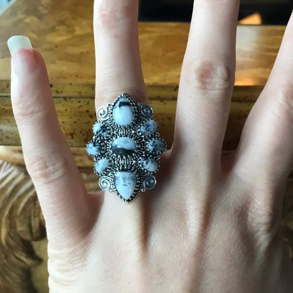White Buffalo Sterling Silver Statement Ring Size 8